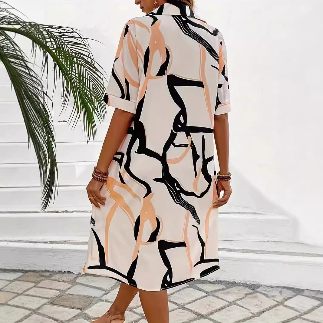 Printing Lapel Geometric Pattern Split Shirt Dress Ladies