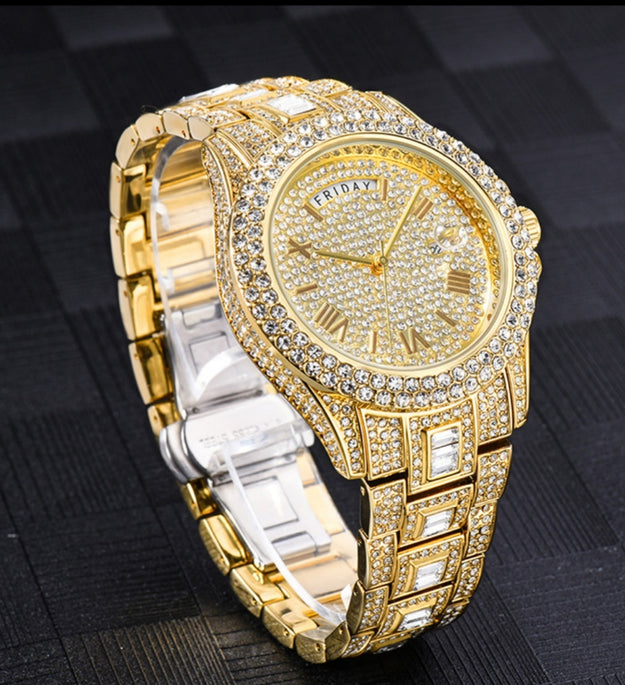 Man Pair Calendar Full Diamond Luxury Quartz Watch