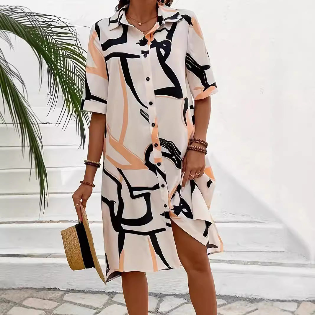 Printing Lapel Geometric Pattern Split Shirt Dress Ladies