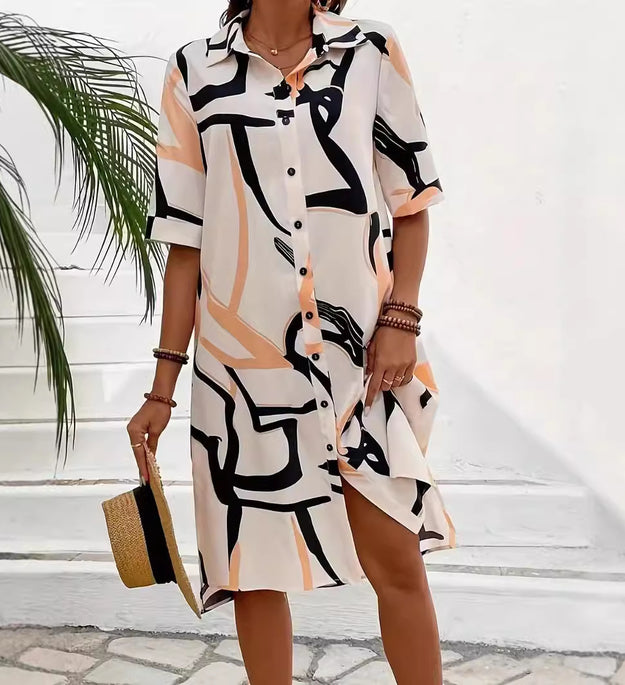 Printing Lapel Geometric Pattern Split Shirt Dress Ladies