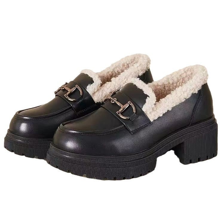 Fleece-lined Women's Shoes Platform Leather Shoes