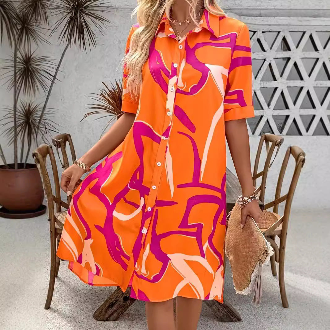 Printing Lapel Geometric Pattern Split Shirt Dress Ladies