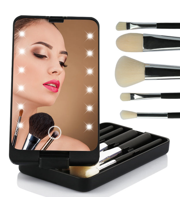 Folding Makeup Mirror With Makeup Brush Set