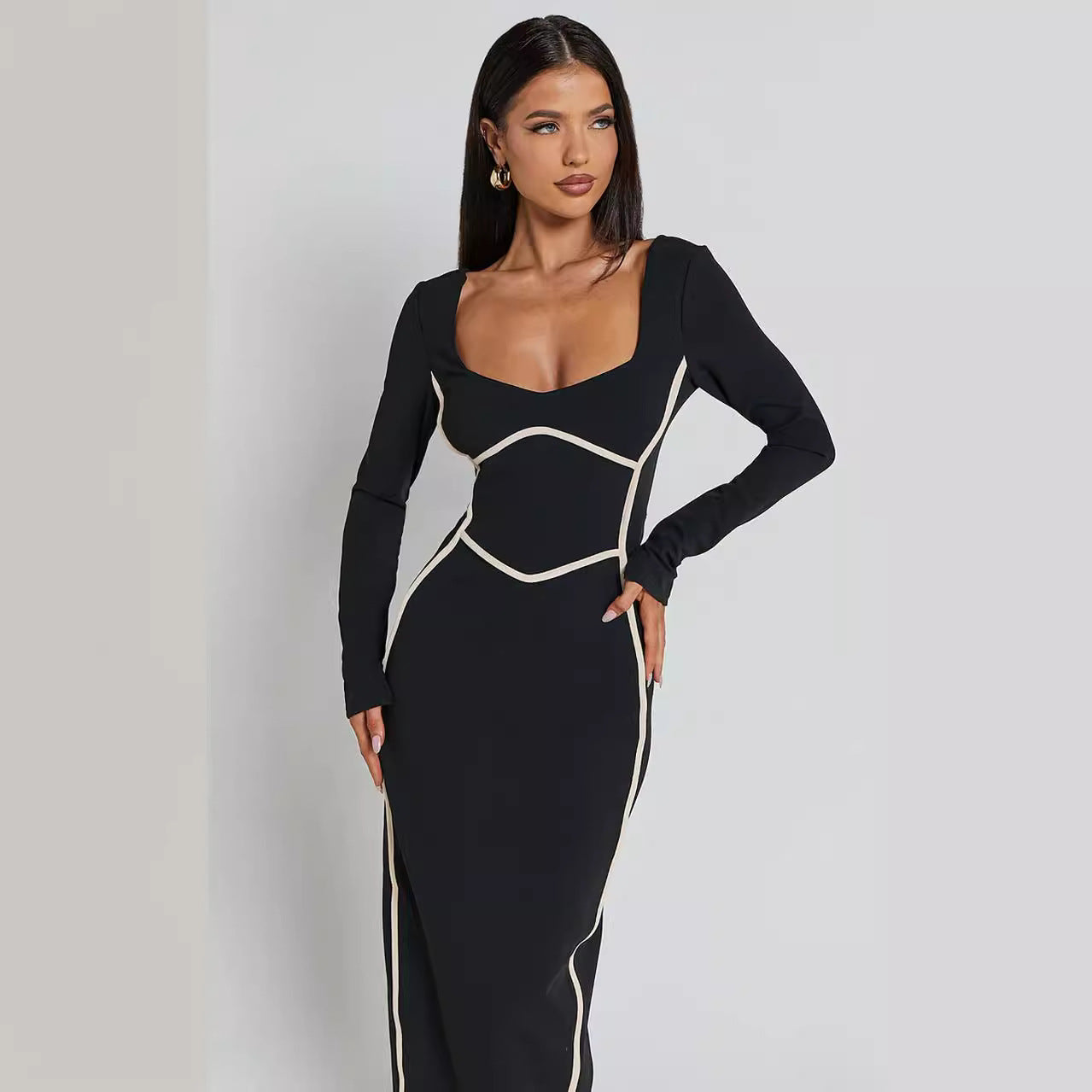 Knitted Long Sleeve Backless Waist Trimming Sexy Dress