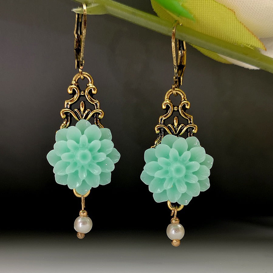 Rongyu Bohemian Fashion Chalcedony Flower Pearl Earrings