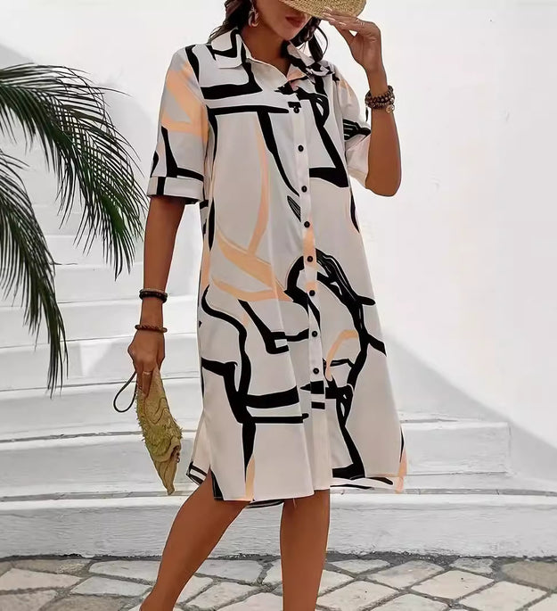 Printing Lapel Geometric Pattern Split Shirt Dress Ladies