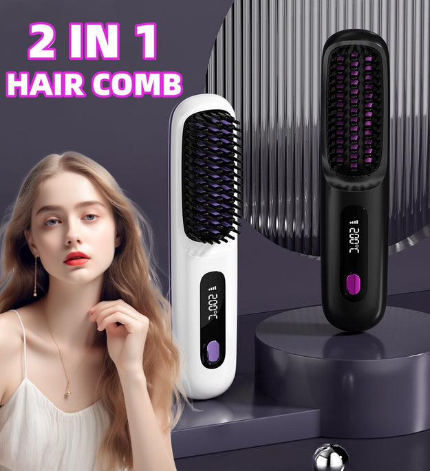 2 In 1 Straight Hair Comb Wireless Hair Straightener Brush Hair Fast Heating Portable Hot Curler USB Charging