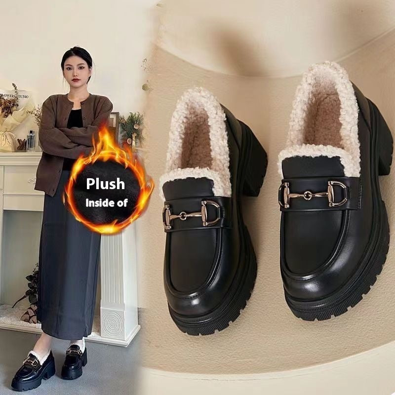 Fleece-lined Women's Shoes Platform Leather Shoes